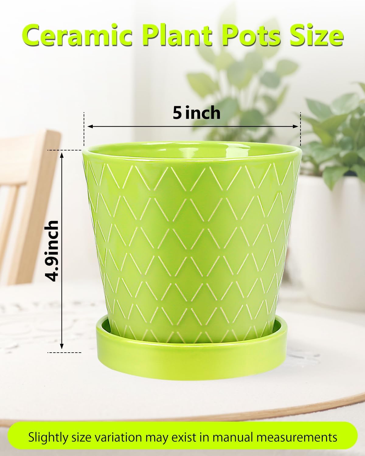 EFISPSS 5 Inch Ceramic Plant Pots Indoor, Planters with Drainage Holes and Ceramic Tray, Relief Design Flower Planter，Desktop Office Windowsill Decoration Gift Set of 4 - Green