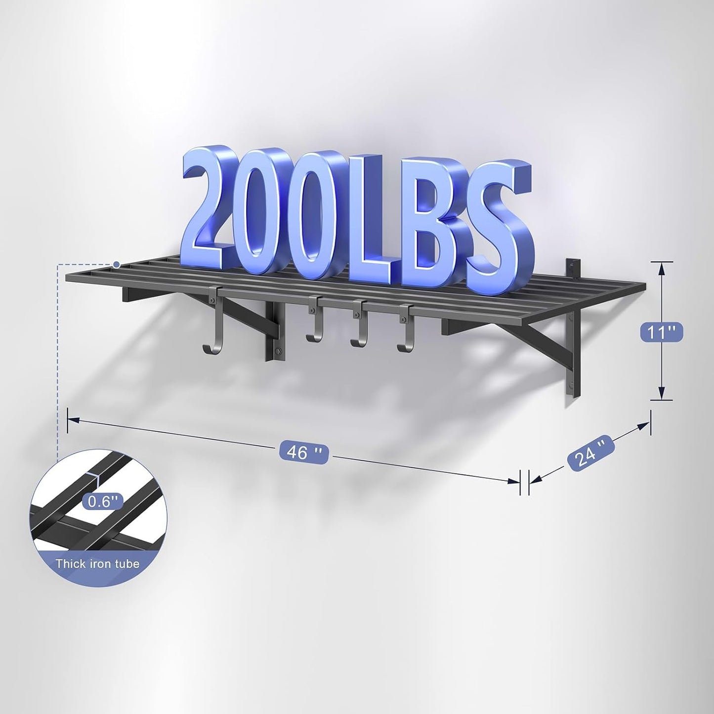 2x4ft Heavy Duty Garage Shelving, 2' x 4' Garage Wall Shelving Wall Mounted, 200LB Capacity Storage Rack with Hooks (1pack-2x4ft)