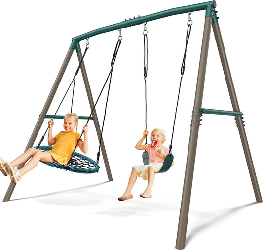 Hapfan 7.5ft Tall Swing Sets for Backyard, 500lbs Heavy Duty Swing Set for Kids and Adults with Spider Swing and Belt Swing, Outdoor Playground Sets for Backyards(Green and Brown)