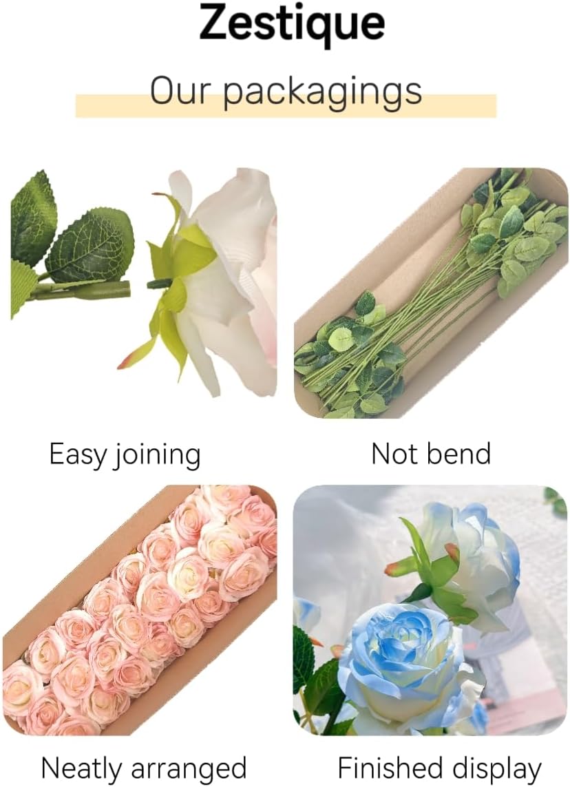 Ice Blue Artificial Roses Fake Flowers Not Bend The Peduncle with Stems for DIY Wedding Bouquets Bridal Shower Centerpieces Arrangements Tables Decorations 24pcs