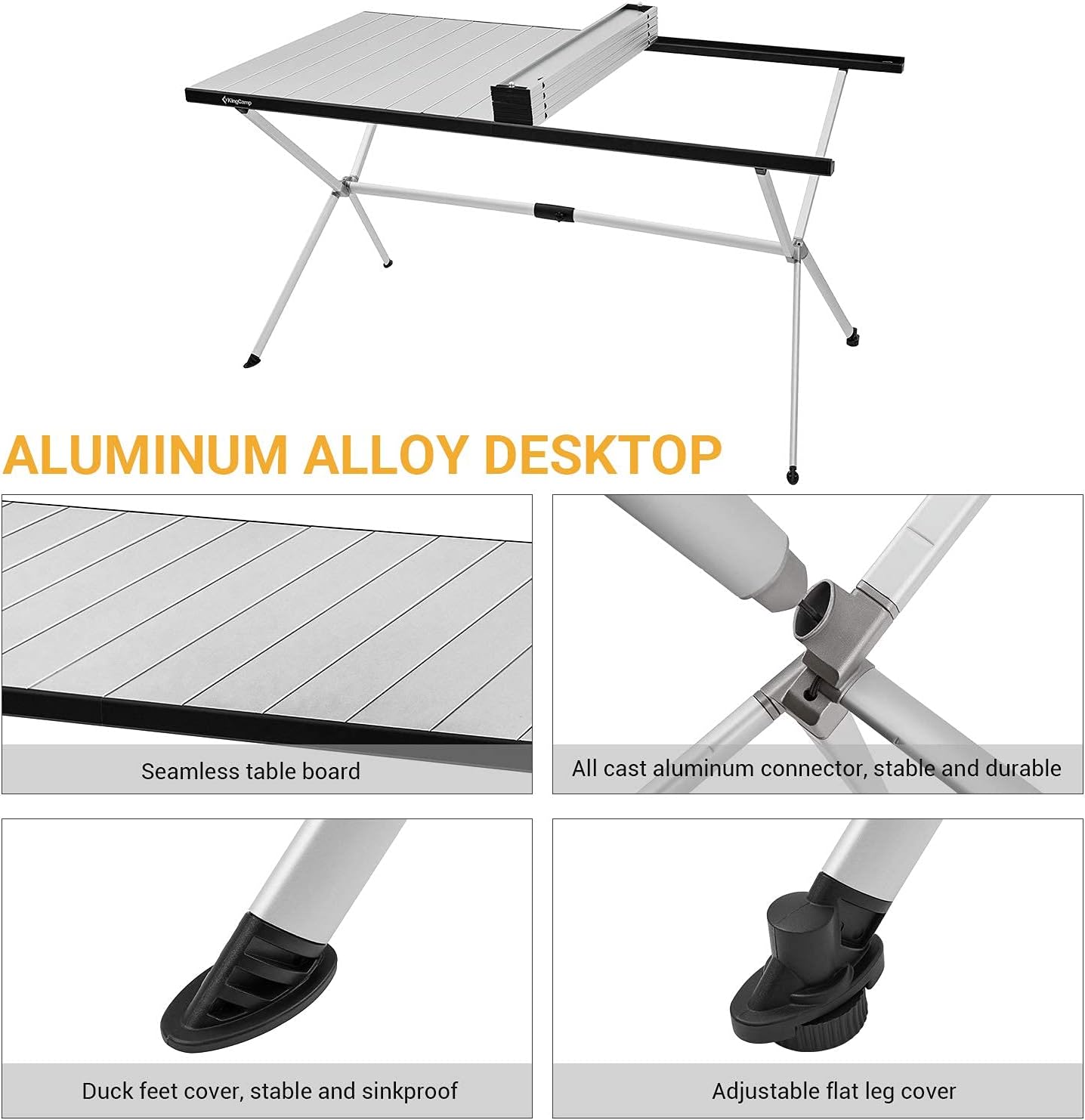 KingCamp Camping Table Roll up Aluminum Folding Table Lightweight Large Portable Foldable Camp Table for Picnic Camping Barbecue Backyard Beach Tailgate Indoor Outdoor, 4-6 Person, Support 176lbs