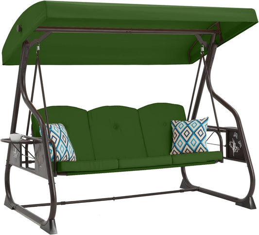 3-Seat Patio Porch Swing 800LBS Outdoor Swing with Stand w/Canopy & Adjustable Backrest Patio Glider Chair w/Removable Pillows & Foldable Side Tray for Balcony Garden Deck (Green)