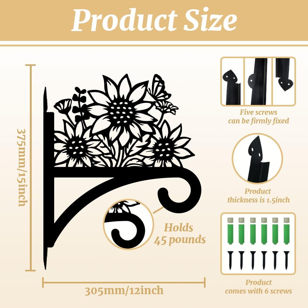 Peacoblue Iron Plant Hangers Hooks for Outdoor Indoor Hanging Plants Flower Fern Pots Lantern Bird Feeder Wind Chimes, 12"x15" Weather Resistant Metal Wall Holder for Porch Garden Farmhouse(Sunflower)