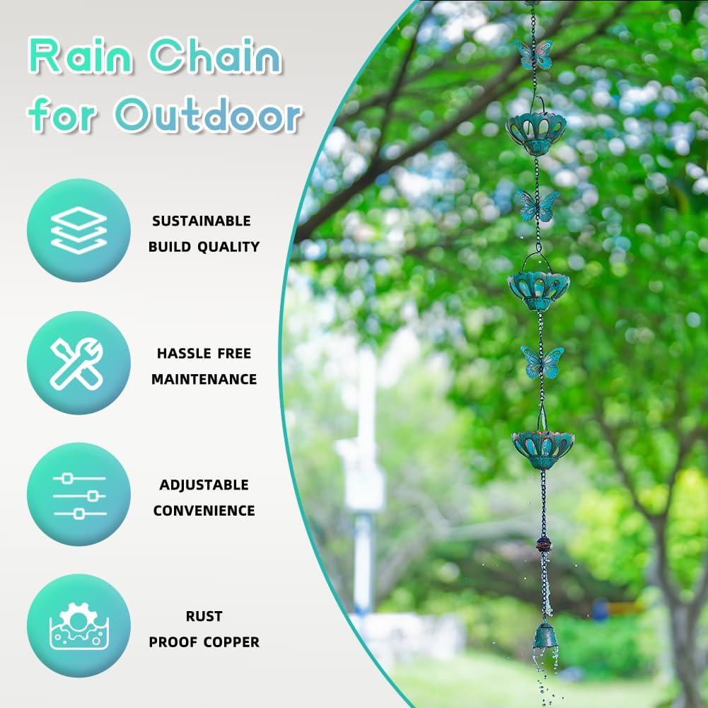 12FT Rain Chains for Outside, Metal Rain Chain with Butterfly Decor, Adjustable Rain Catcher Chain with Bell for Eaves Drainage, Replacement for Downspout (12 Cups)