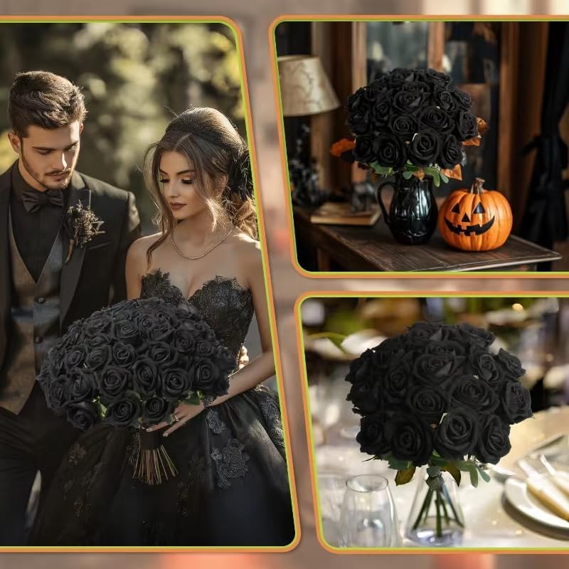 50 PCS Fake Black Roses, Artificial Flowers Bulk Halloween Decorations Realistic Silk Faux Black Roses with Stems for Gothic Wedding Party Decor, Bridal Bouquets DIY Floral Arrangement Home Decor