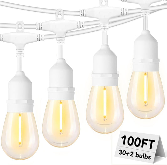 SUFEIMAS 100FT White Outdoor String Lights,IP65 Waterproof 30+2 Plastic LED Bulbs 2700K White Patio String Lights for Outside Porch, Pergola, Backyard, Bistro, Garden,Wedding Lights