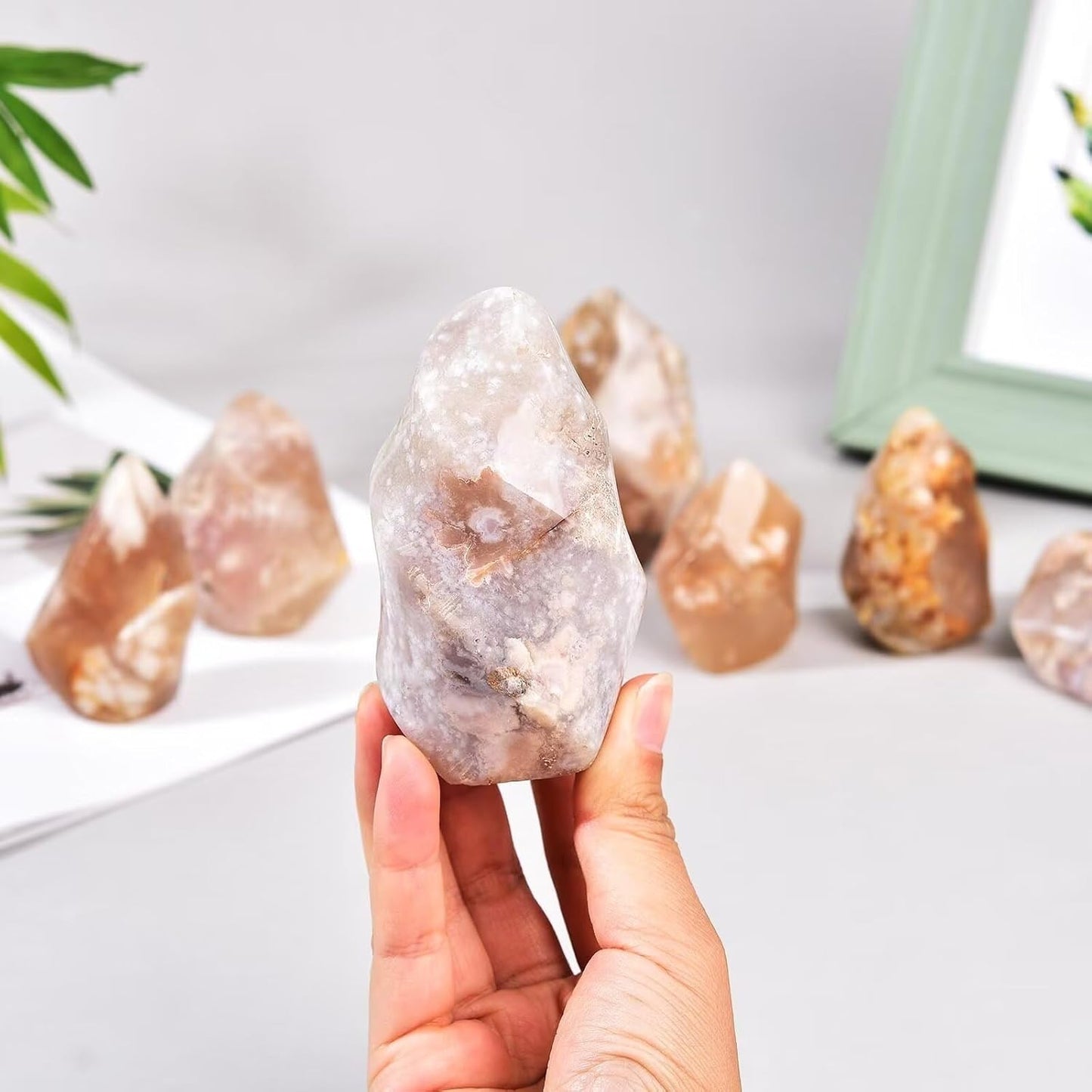 AMOYSTONE Cherry Blossom Agate Flame Shaped Stone Towers Obelisk Flower Agate Natural Healing Crystal Quartz Reiki Energy Decoration Home Office Small 1.0LBS