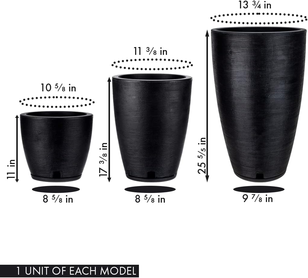 Floridis Plastic Plant Pot, Black, Set of 3 (11+17+25 inch) with Drainage Hole and Saucer. Outdoor and Indoor Set of Black planters for patios, Front Porch.
