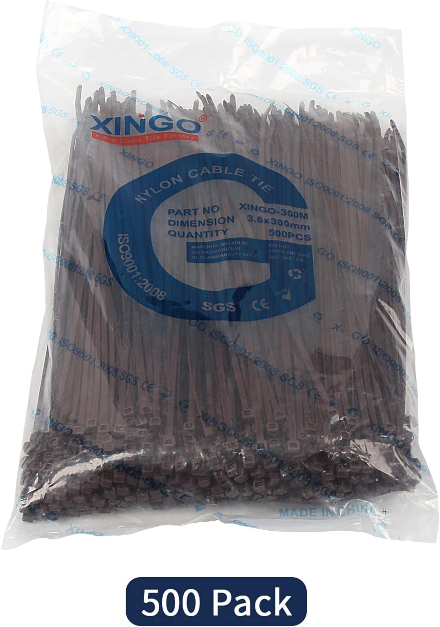 XINGO Nylon Cable Zip Ties Self Locking Plastic Wire Ties with 40 Lbs Tensile Strength for Indoor and Outdoor 12 Inch 500 Pack Brown