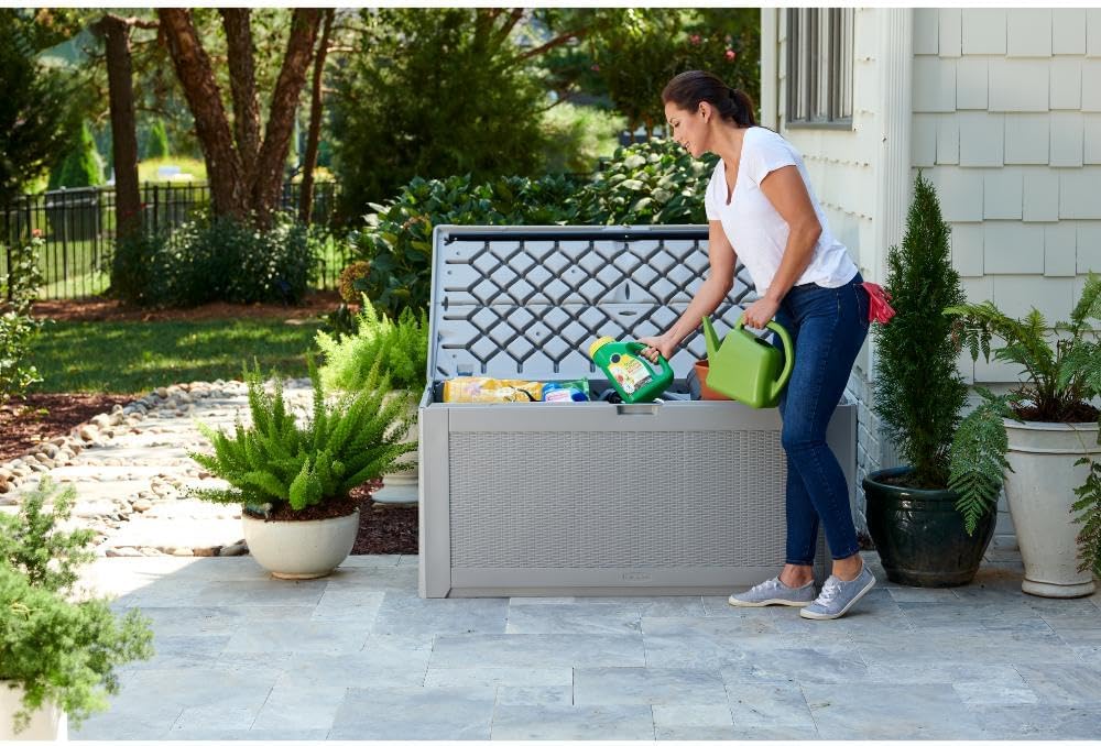 Rubbermaid Extra Large Resin Outdoor Storage Deck Box (134 Gal), Weather Resistant, Gray, Deck Organization for Home/Backyard/Pool Chemicals/Toys/Garden Tools/Porch/Patio Cushions