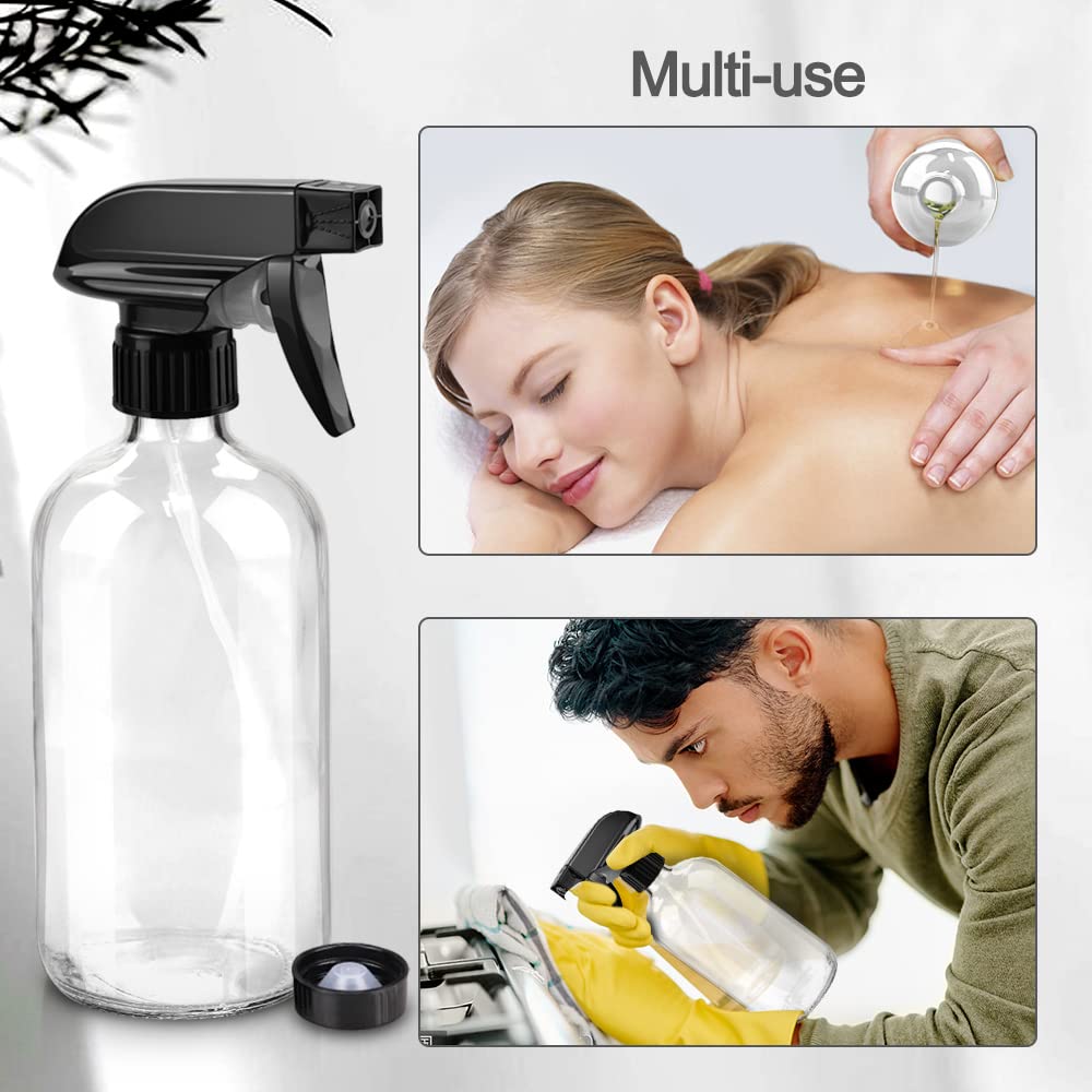 Glass Spray Bottles, 16oz Refillable Containers, Empty Boston Round Bottles with Labels & Adjustable Nozzle for Cleaning, Gardening, Aromatherapy, Pets, Plant, Hair -Clear (1 Pack)