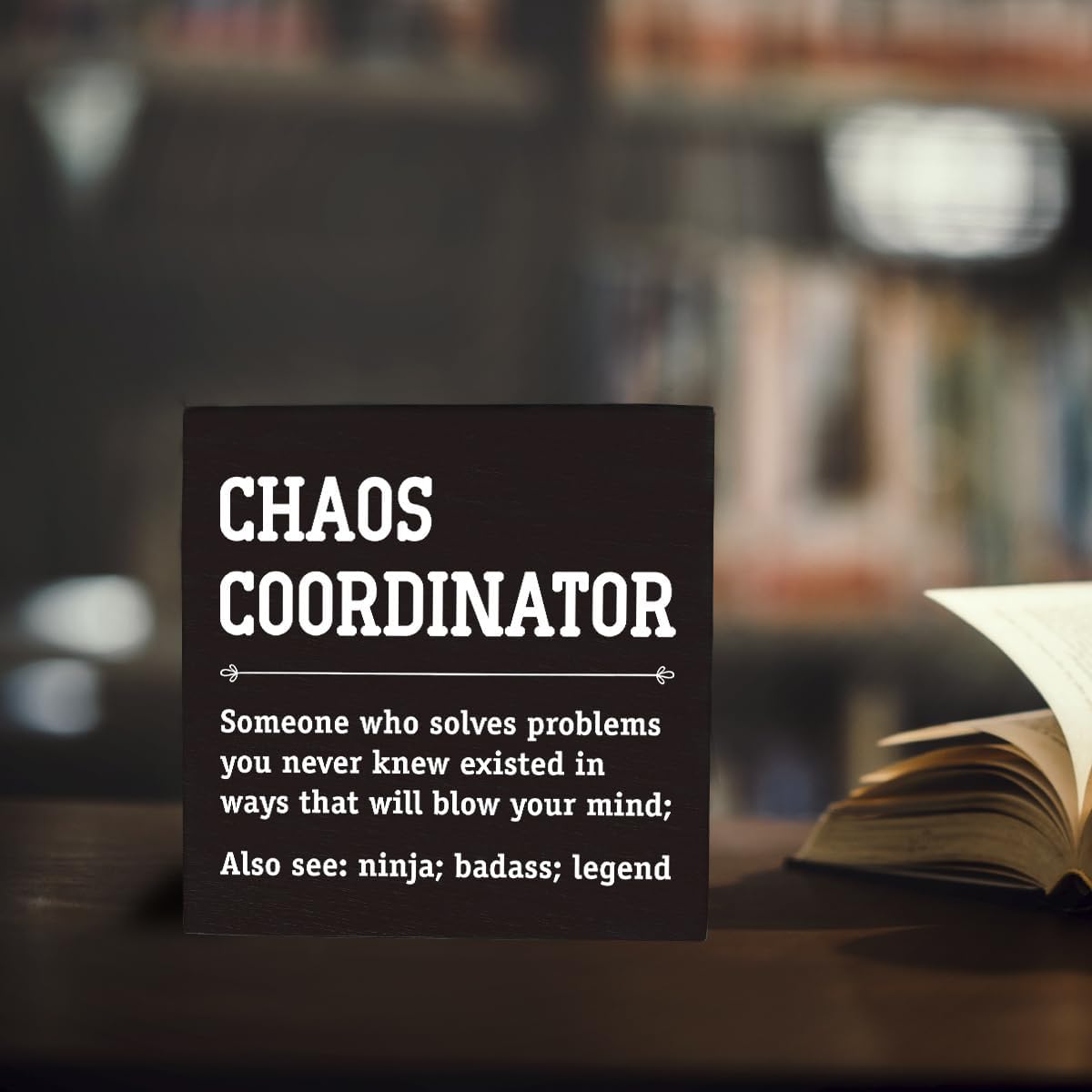HTBIG Chaos Coordinator Thank You Gifts Office Decor Funny Motivational Desk Decor Gifts for Coworkers Boss Manager Appreciation Rustic Wooden Box Sign for Table top Office Bookshelf Black