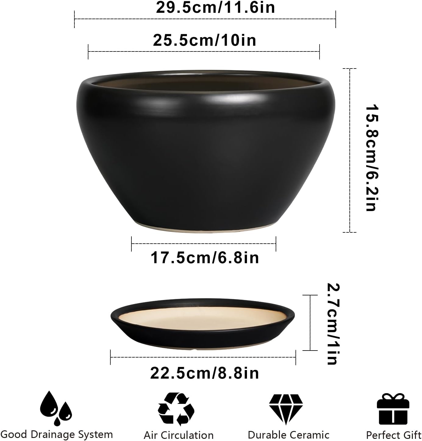 Ceramic Pot for Plants - 11 Inch Plant Pot Indoor with Drainage Hole and Saucer Large Planter Decorative Planter Modern Outdoor Flower Pot for House Balcony Black