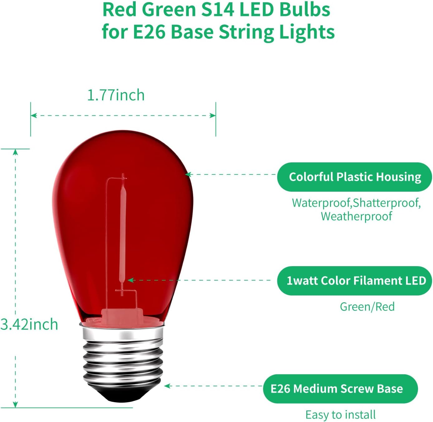 S14 Colored LED String Light Bulbs, 24-Pack 1W Plastic Shatterproof Waterproof Outdoor Indoor Replacement Bulbs for Home Decor, E26 Medium Screw Base, Red and Green Christmas Bulbs