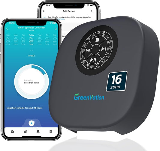 Smart Sprinkler Controller, 16-Zone/Station Irrigation System with APP Remote Control, GreenVation 2.4G/5GHz WiFi Water Timer for Outdoor Garden/Yard/Lawns