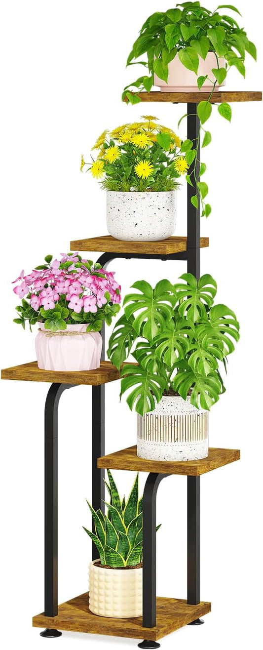 LASZOLA Black 5 Tiered Tall Plant Stand Indoor with Heavy Duty Wood Tray, Large Multi Level Vertical Planter Rack for Narrow Corner, Sturdy Rustic Tall Orchid Flower Shelving Holder for House Decor
