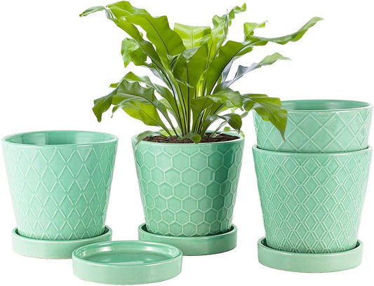 EFISPSS Flower Planter –5 inch Ceramic Plant Pots with Drainage Holes and Ceramic Tray - Gardening Home Desktop Office Windowsill Decoration Gift Set of 4 - Plants NOT Included