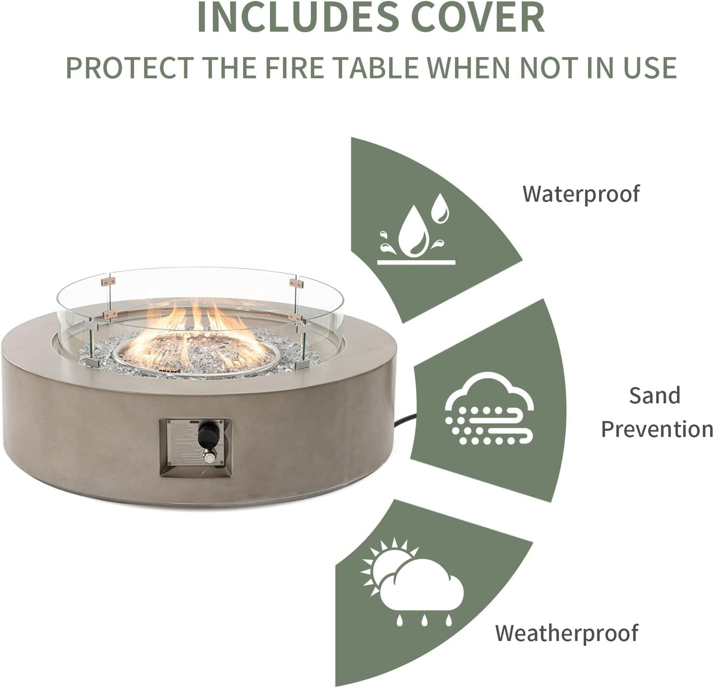 COSIEST Outdoor Propane Fire Pit Coffee Table w Gray 42 inch Round Base Patio Heater, CSA Certified, 50,000 BTU Stainless Steel Burner, Wind Guard, Transparent Gray Fire Glass, Rain Cover