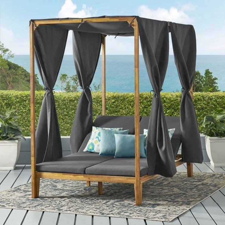 kevinplus Outdoor Patio Sunbed Daybed with Adjustable Reclining Chaise Lounge & Water-Resistant Canopy & Curtain, Solid Wood Construction, Dark Gray