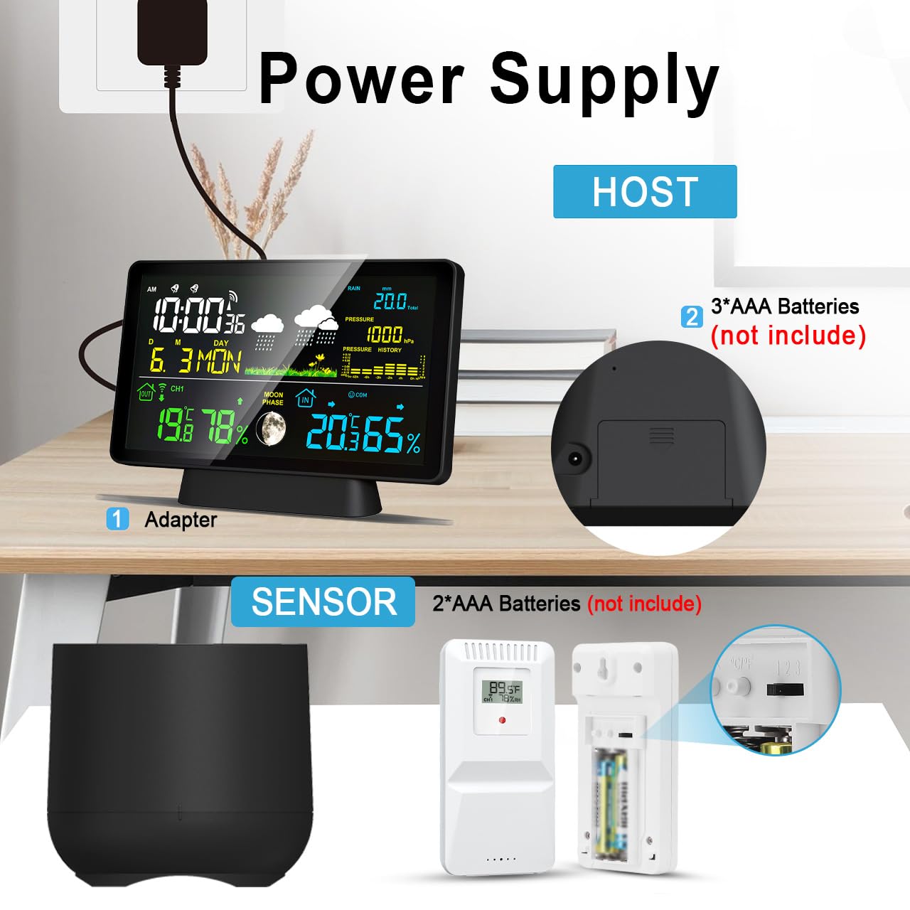 BIUWING Wireless Rain Gauge and Weather Station, Digital Rain Gauge Outdoor Home Weather Stations with Thermometer, Hygrometer, Atomic Clock, Forecast and Barometer, Weather Station with Rain Gauges