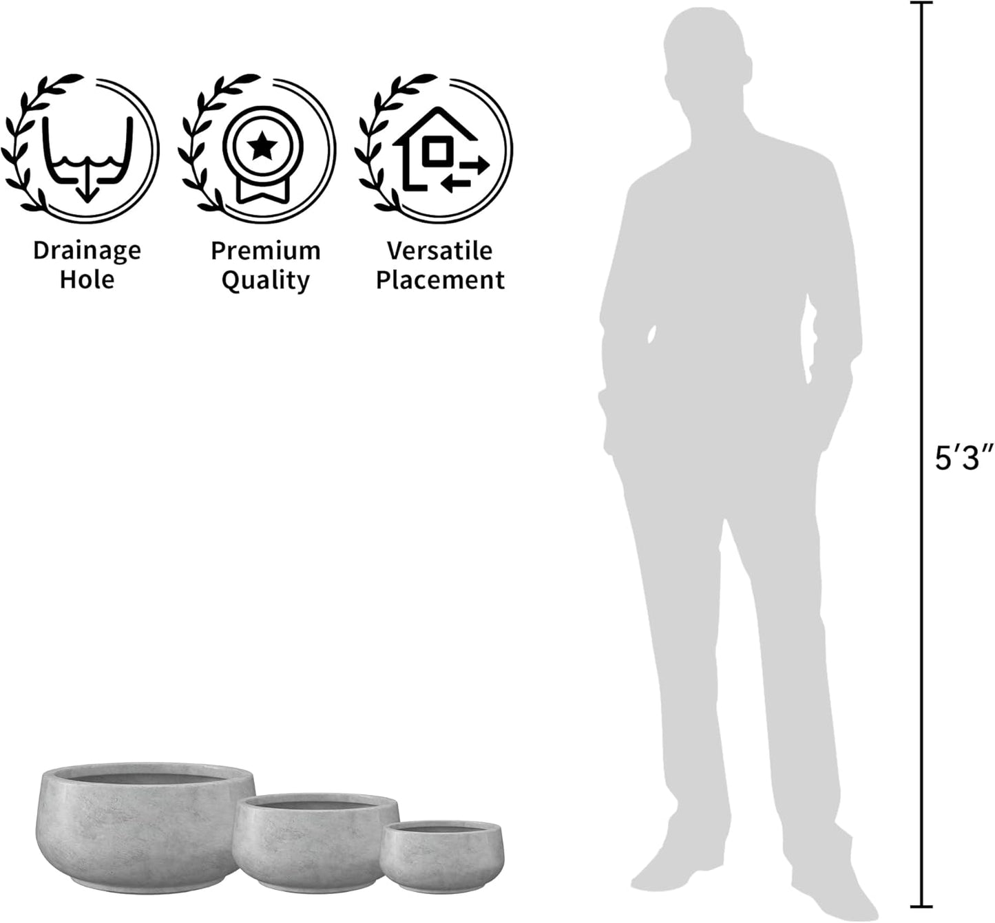 Kante 16.9" Dia Round Concrete Bonsai Planters, Outdoor Indoor Garden Plant Pot with Drainage Hole for Home, Patio, Garden, Concrete Gray