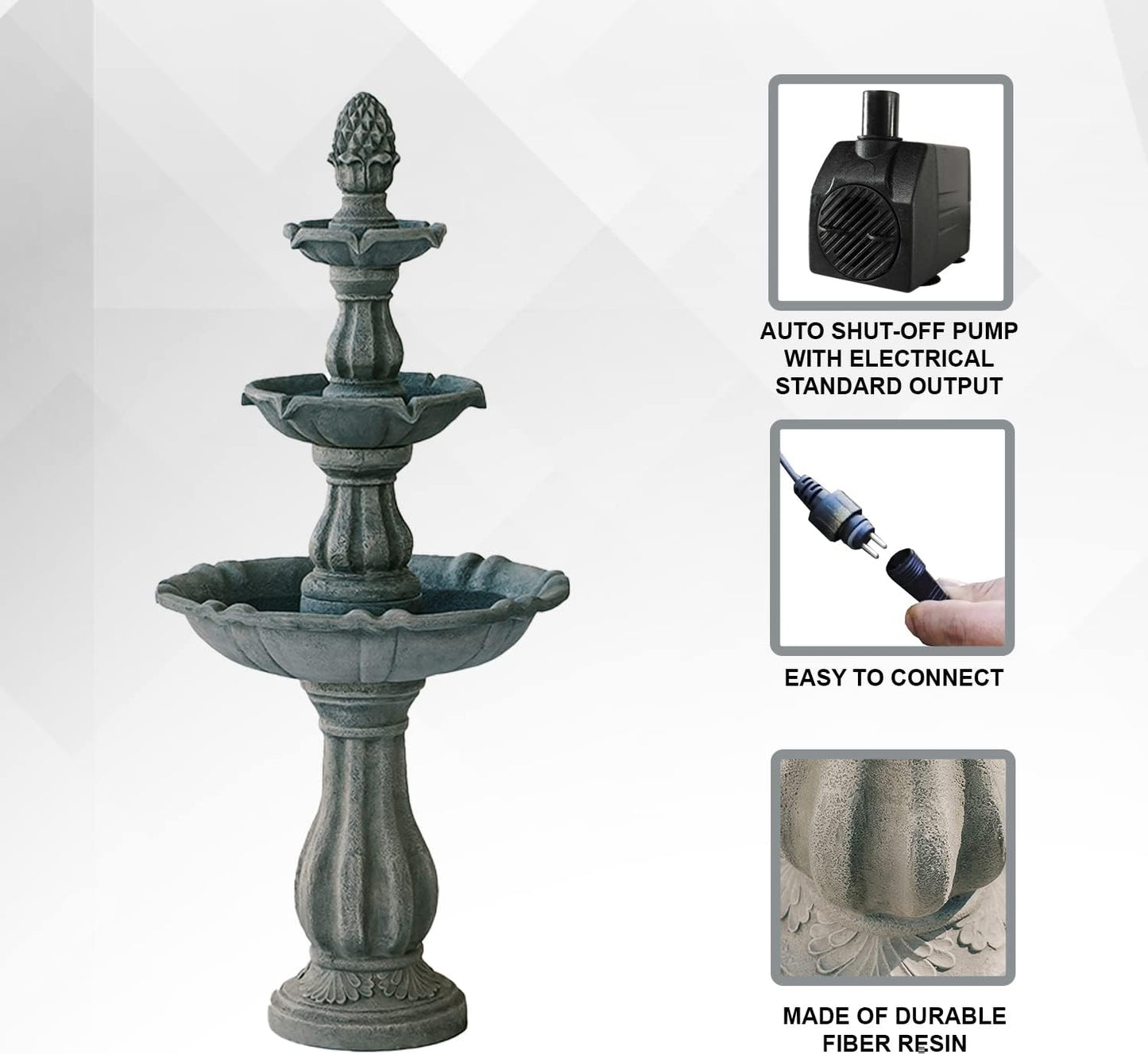 XBrand 3-Tier Freestanding Waterfall Fountain w/Pump & Pineapple Top, 51 Inch Tall, Grey, Large Outdoor Garden Fountain, Ideal for Garden, Porch, and Lawn