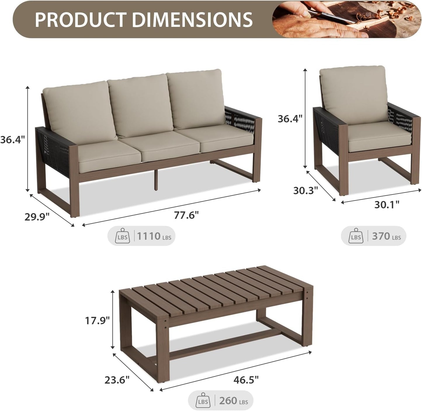 EAGLE PEAK Natural Wood Outdoor Patio Furniture, Cedar Furniture, Conversation Set, Outdoor Seating for Deck Patio Porch, Sofa 2 Chairs & Coffee Table, 4 Pieces, Brown/Beige
