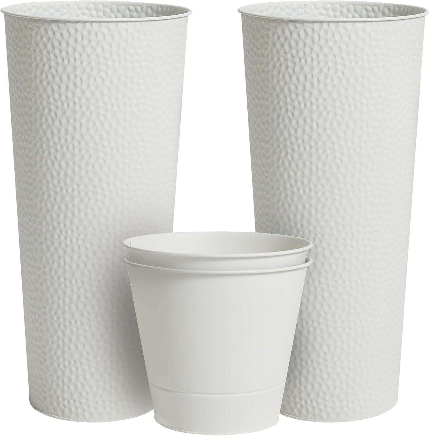 Worth Garden 2-Pack 28" H. Metal Planter with 2X Inside Pots - Hand-Hammered Texture Tall Cone Plant Pots - Large Handcrafted Flower Pot for Indoor Outdoor, Deck, Patio, Front Porch - White