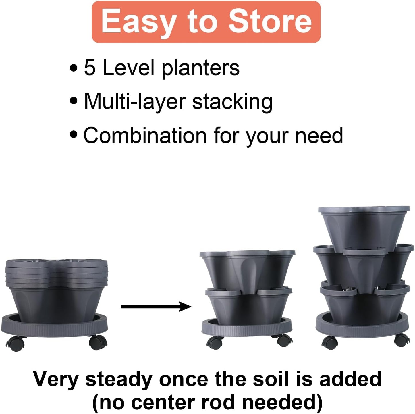 DUNCHATY Stackable Planter, Dark Gray, 5-Tier Garden Tower with Wheels, Self-Watering, Polypropylene Plastic, Indoor/Outdoor Use