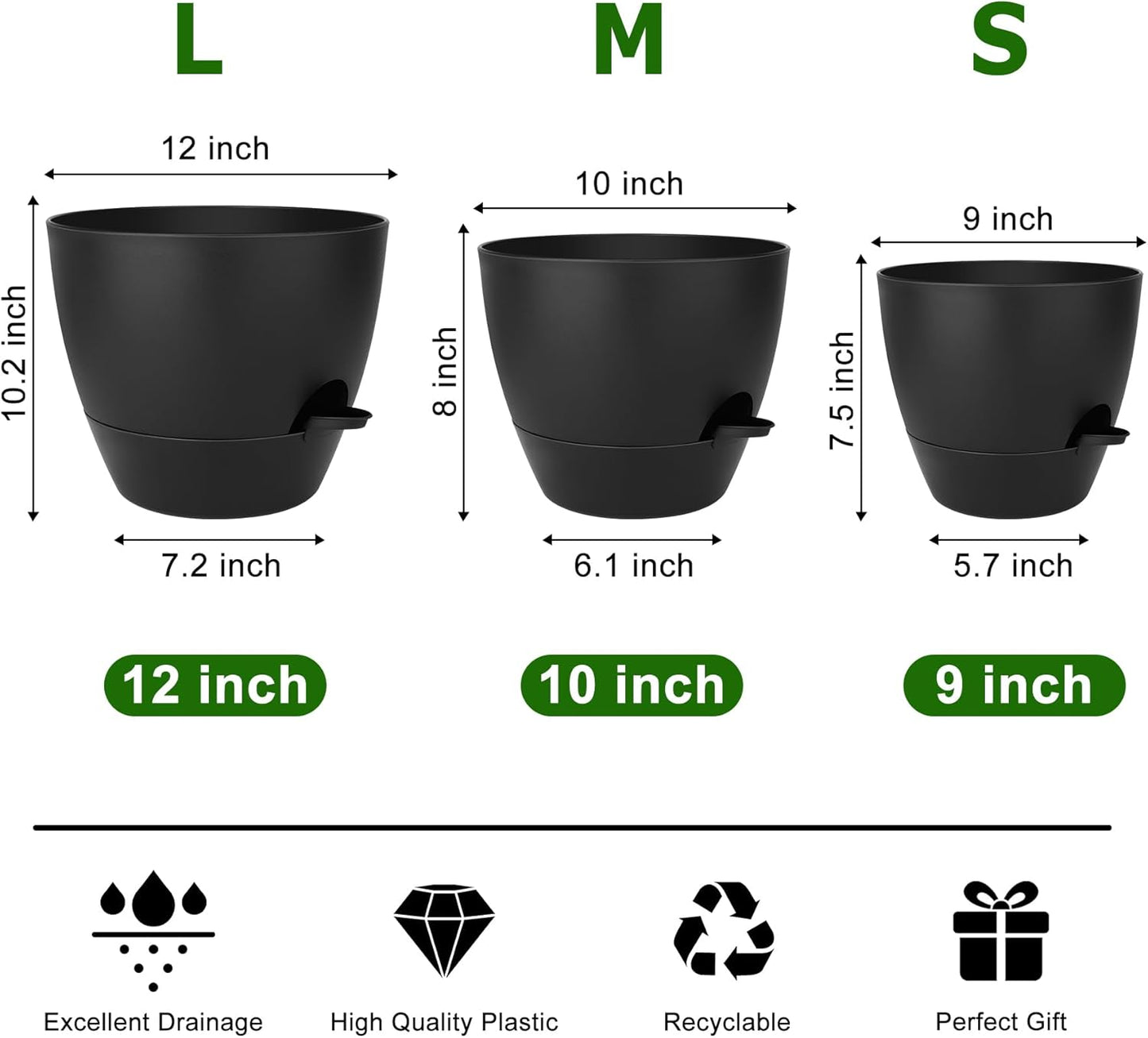 Plant Pots 12/10/9 Inch Self Watering Pots, Set of 3 Plastic Planters with Drainage Holes and Saucers,Plastic Flower Pots,Nursery Planting Pot for Indoor Out Door Plants(Pure Black)
