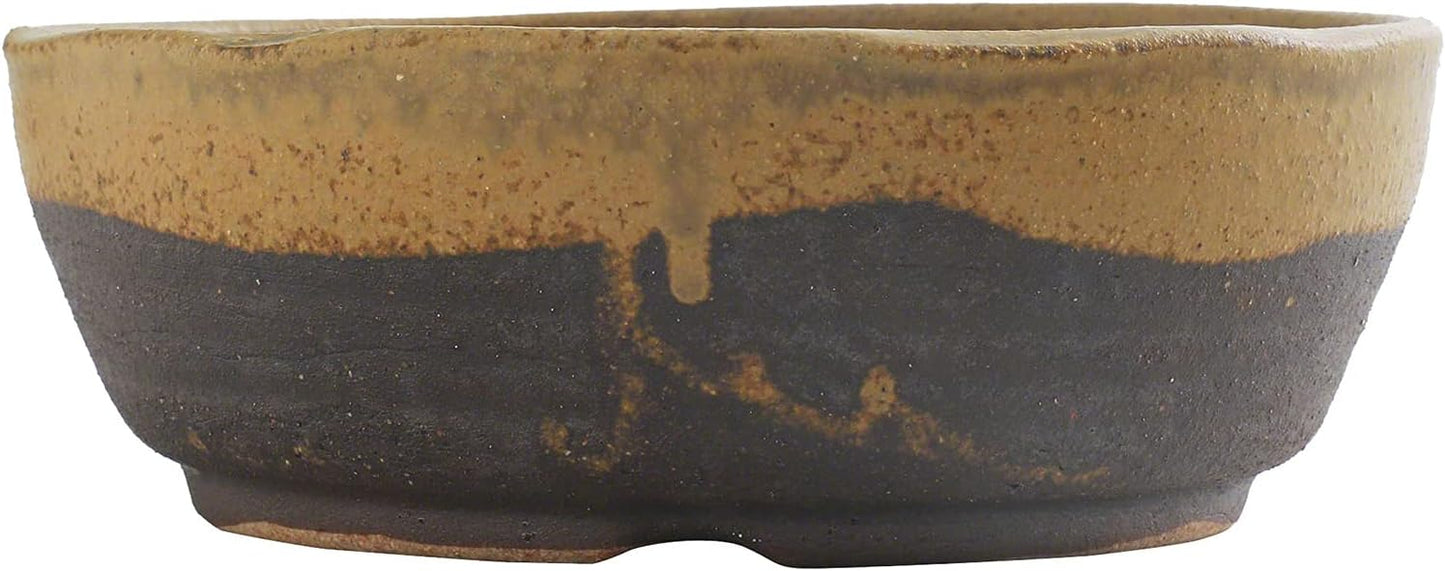 Wazakura Shigaraki Series Yellow Dust Stripe Glazed Ceramic Bonsai Pot Made in Japan, Garden Training Container, Flower Planter, Succulent Bowl - Yellow Sand Small Size