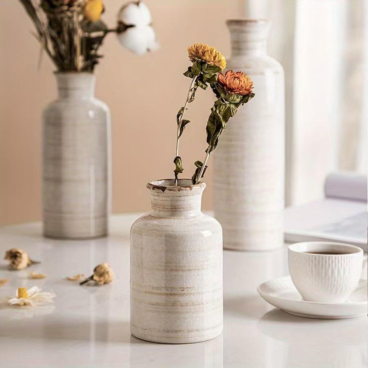 Ceramic Vase Set of 3,Modern Small Vase for Flowers,Rustic Vintage Ceramic Flower Vases for Home Decor,Decorative Vases for Table Centerpiece,Bookshelf,Fireplace and Entryway