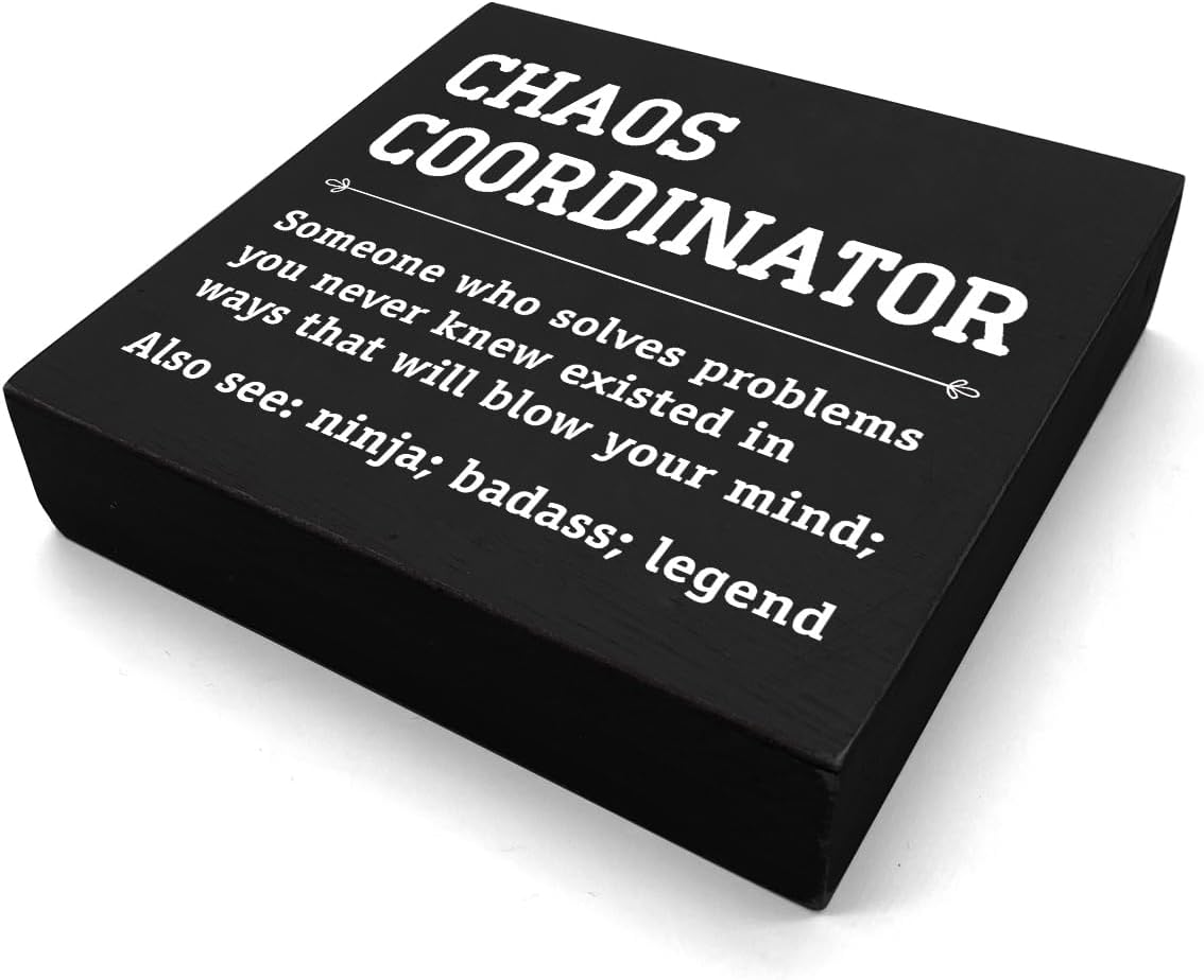 HTBIG Chaos Coordinator Thank You Gifts Office Decor Funny Motivational Desk Decor Gifts for Coworkers Boss Manager Appreciation Rustic Wooden Box Sign for Table top Office Bookshelf Black