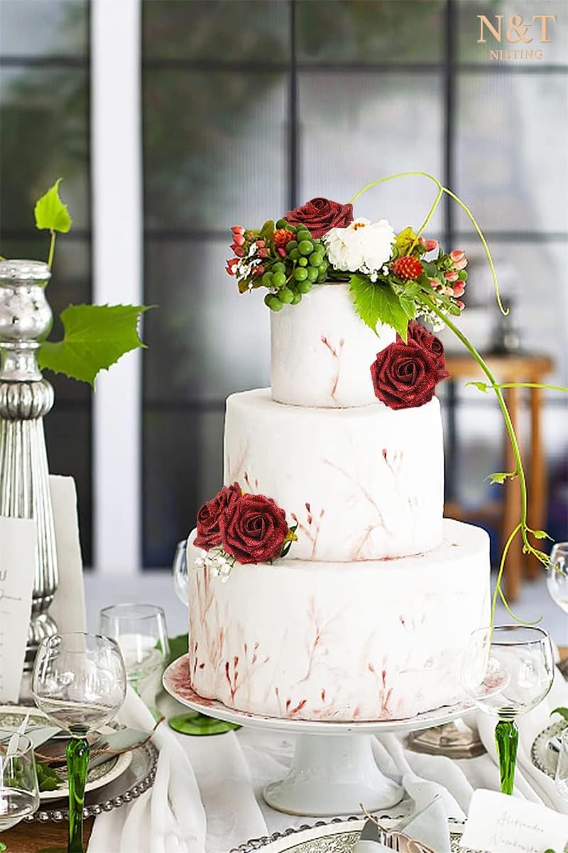 N&T NIETING Artificial Flowers Glowing Red Flowers Foam 50pcs Glitter Roses Real Looking Fake Roses with Stem for DIY Wedding Bouquets Centerpieces Bridal Shower Party Mother's Day Home Decorations