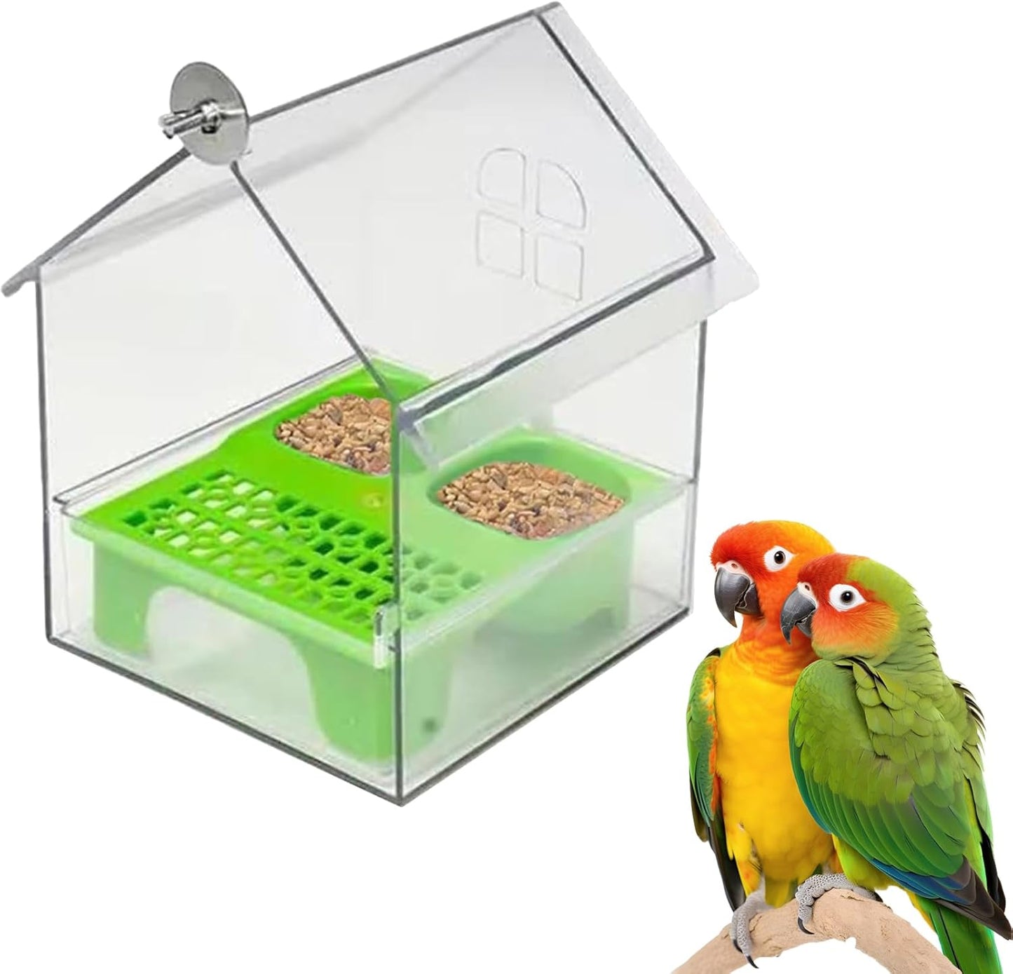 Ziveseller/Sowhathow Pull-Out External Parrot Feeder, Parrot Feeder Parakeet House Bird Bath Transparent Dish Water, Hanging Wild Bird Seed with Squirrel Proof Tray (Green)
