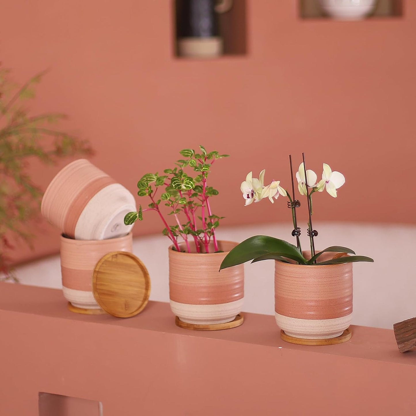 5.25 Inch Ceramic Planter Pot for Indoor Plants with Drainage Holes, Coarse Glazed Gradient Color Flower Planter Pots with Bamboo Saucer, for Succulent, Snake Plants, Cactus & Herbs, Set of 4