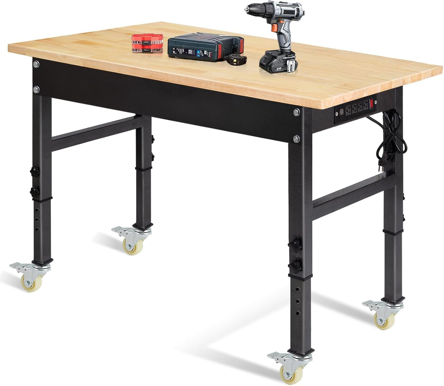 48" Adjustable Work Bench, Rubber Wood Top Workbench Heavy-Duty Work Table with Power Outlet,workbenches Wheels, 2000 LBS Load Capacity Hardwood Work Benches for Garage, Workshop, Home, Office
