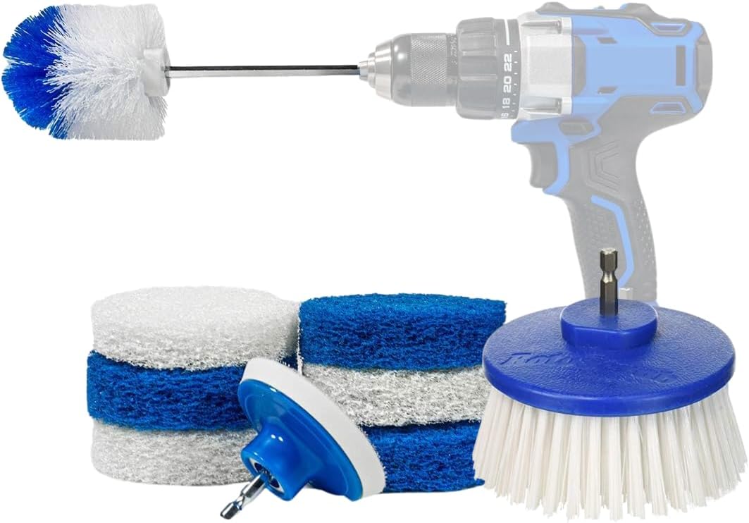 9 Pack Multi-Purpose Home Cleaning Accessory Drill Kit, Bathroom Scrub Pads, Extended Reach Round Brush Attachment Set