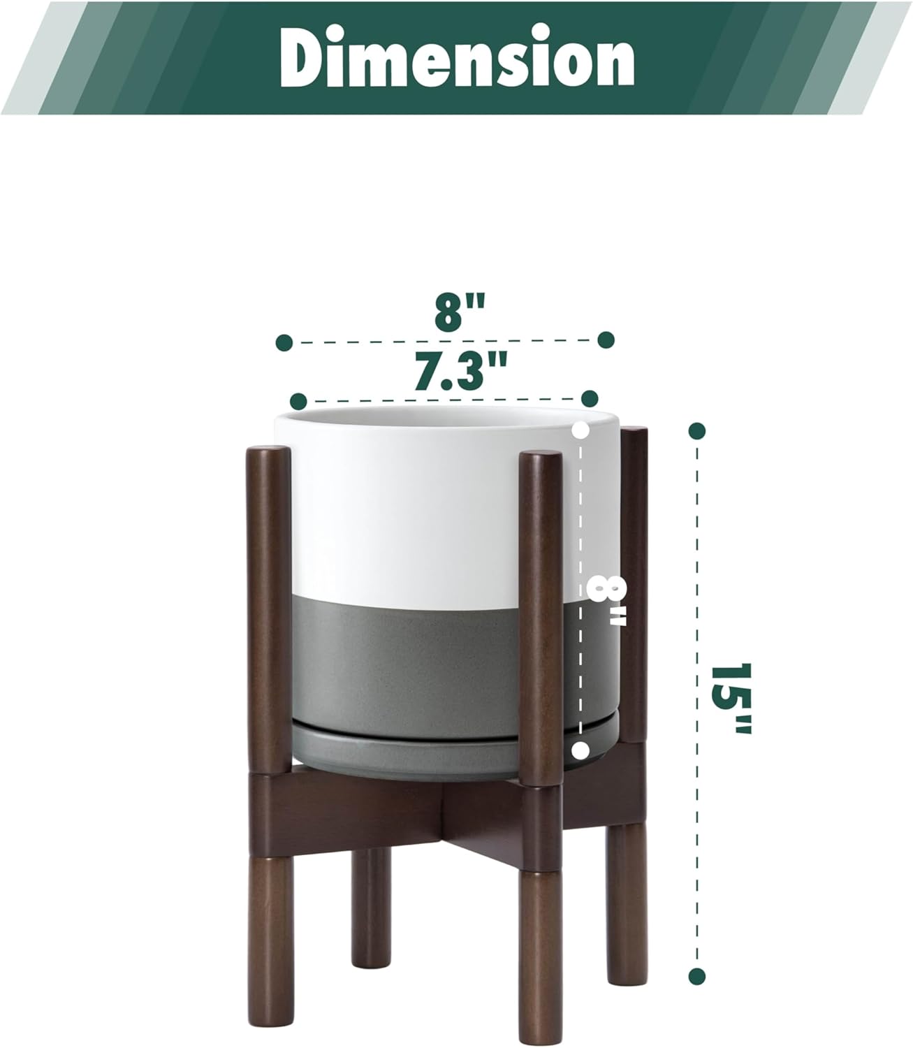 D'vine Dev Ceramic Planter with Walnut Color Stand - 8 Inch Modern Round Flower Pot with Wood Planter Holder, White/Grey, 55-B-Y-6