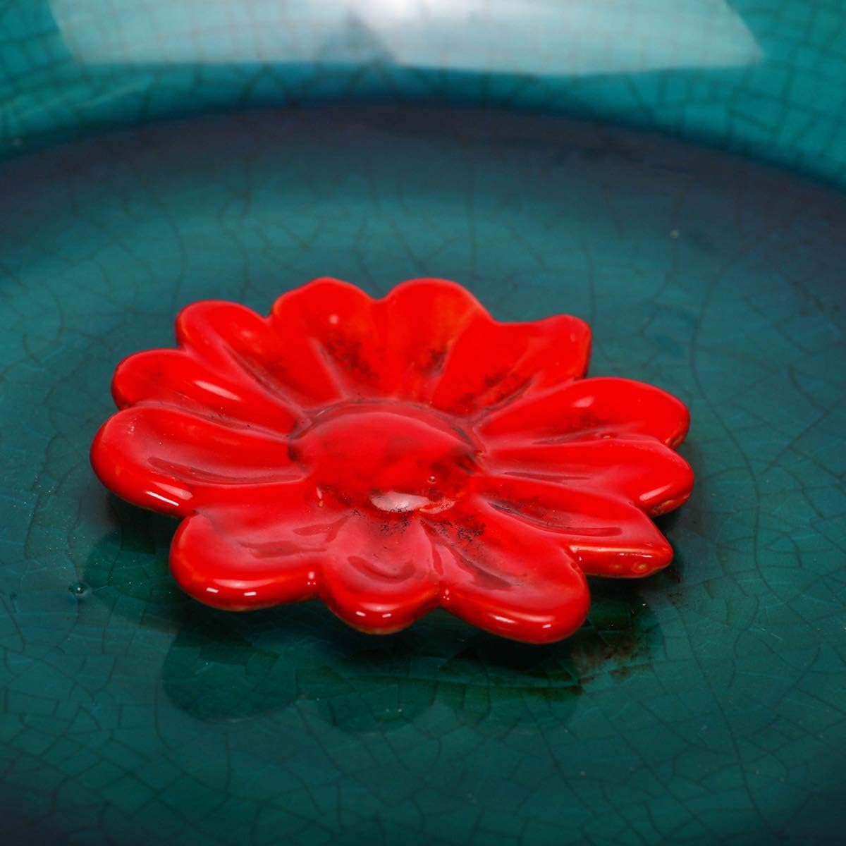 Topadorn Birdbath Ceramic Bowl Decor for Bee Bird Bath Outdoor Garden Vintage Yard,Blue with Red Flower