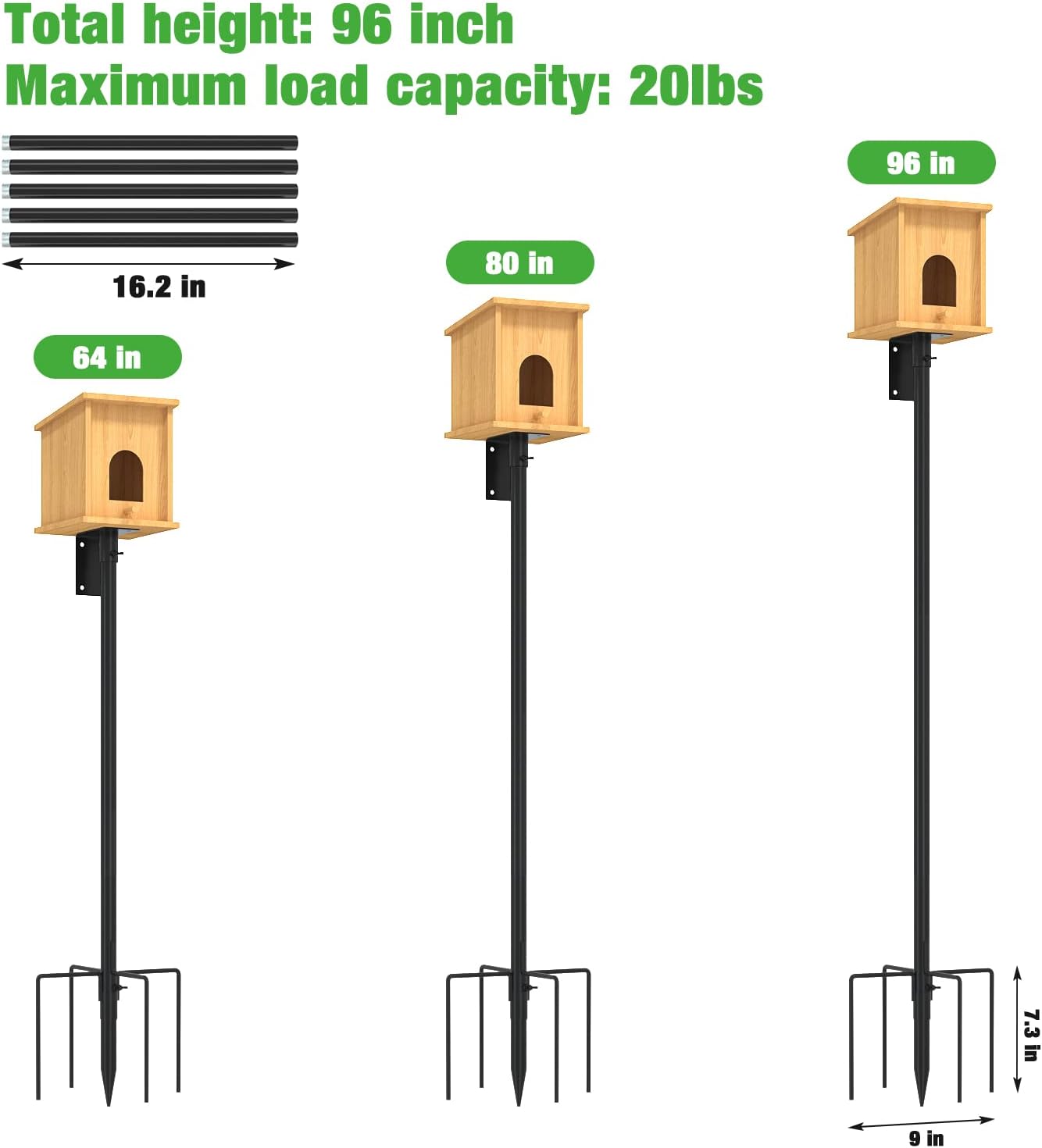 ERYTLLY Bird House Pole Mount Kit 96 Inch - Adjustable Hummingbird Bird Feeder Post Support Rod Universal Stand Set with 5 Prongs for Outdoor, Yard, Garden Decor, Black