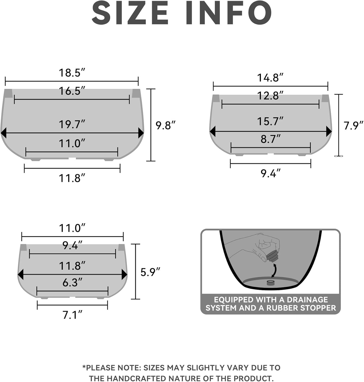 Kante 19.6",15.7",11.8" Dia Round Concrete Planters Set of 3, Outdoor Indoor Garden Plant Pots with Drainage Hole and Rubber Plug, Modern Curvaceous Design, Pure White