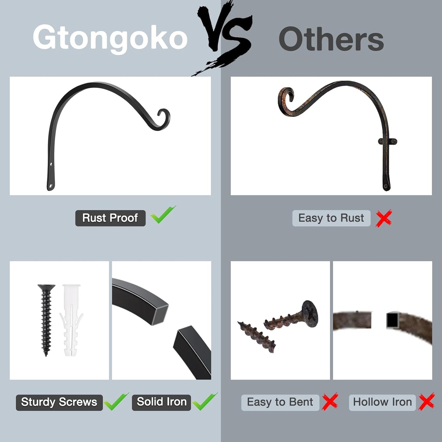 Gtongoko 2 Pack 14 Inch Plant Hangers Outdoor Metal, Plant Hooks for Wall Indoor, Outdoor Hooks for Hanging Bird Feeders, Plant Bracket, Lanterns, Wind Chinme, Black