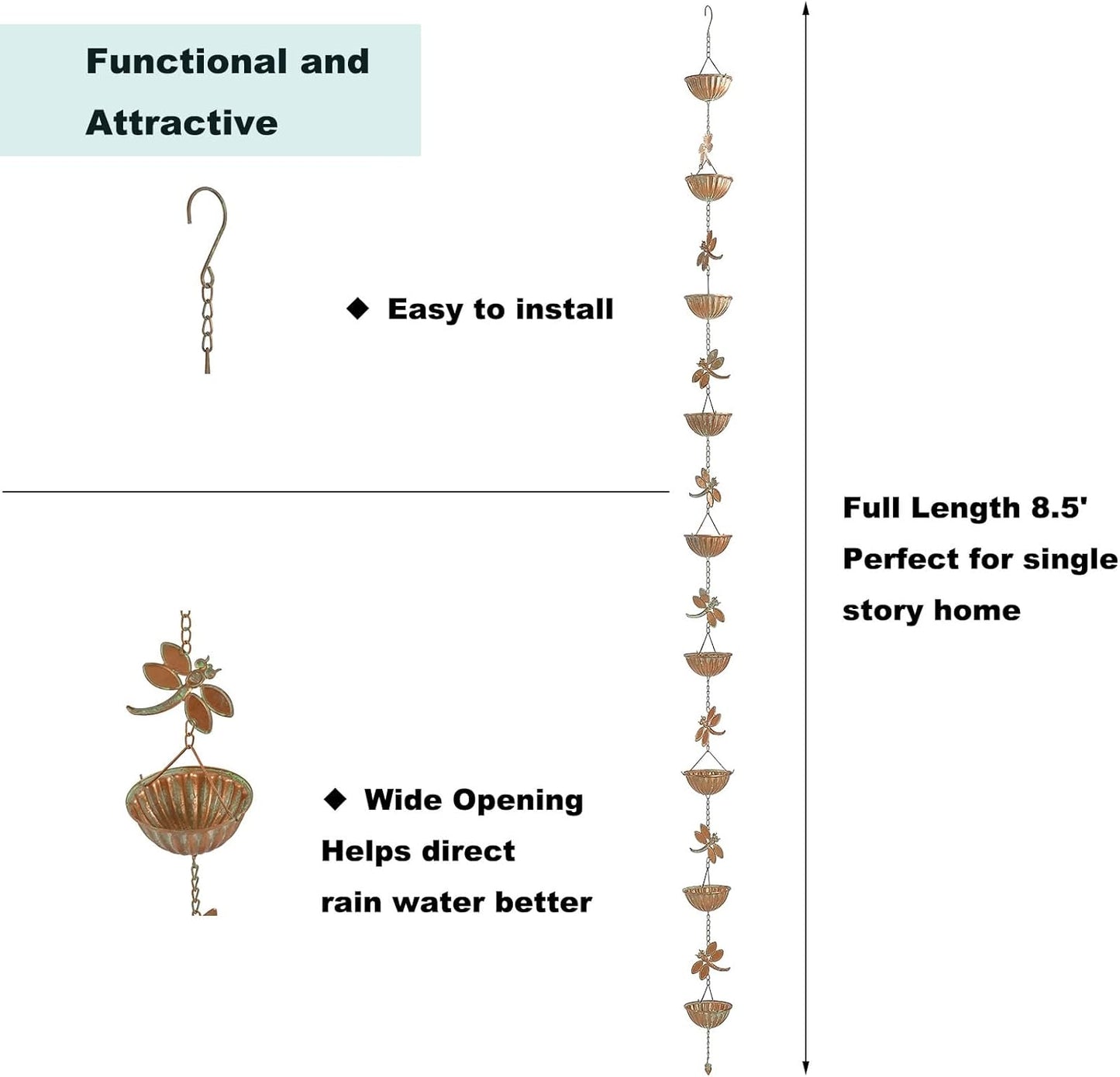 Dragonfly & Bowl Rain Chains, 8.5 ft Length Decorative Rain Catcher Chain for Gutters Outside, Iron Rain Gutter Replacement Downspout, Patina Color