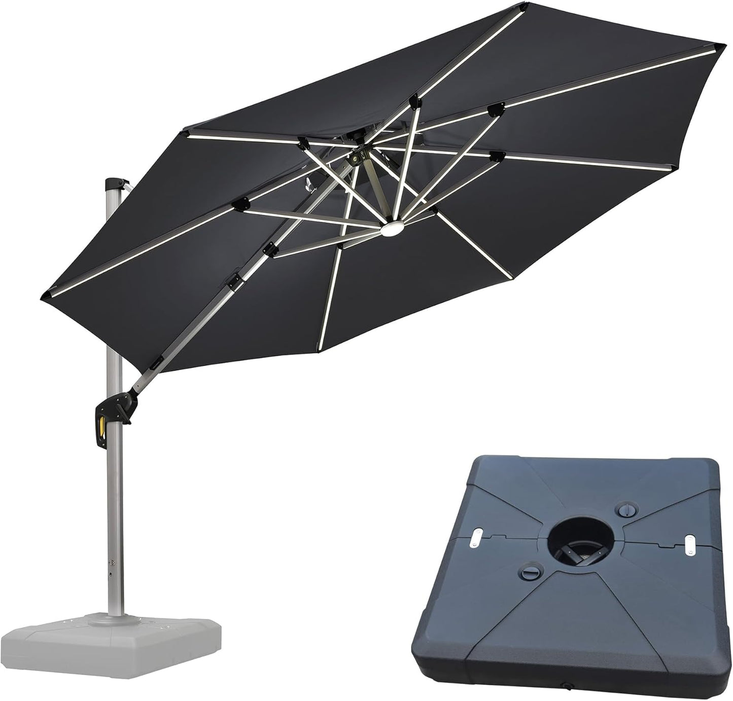 PURPLE LEAF 10ft Patio Umbrella With Base Solar powered LED Cantilever Umbrella with LED lights Windproof Outdoor Offset Umbrella for Garden Deck Pool Patio, Grey