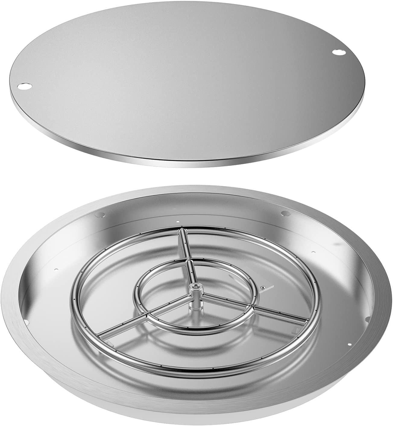 Skyflame 25 Inch Round Stainless Steel Drop-in Fire Pit Pan Fire Bowl with Burner Ring and Protective Cover, DIY Firepit System Assembly Set for Both Natural Gas and Liquid Propane