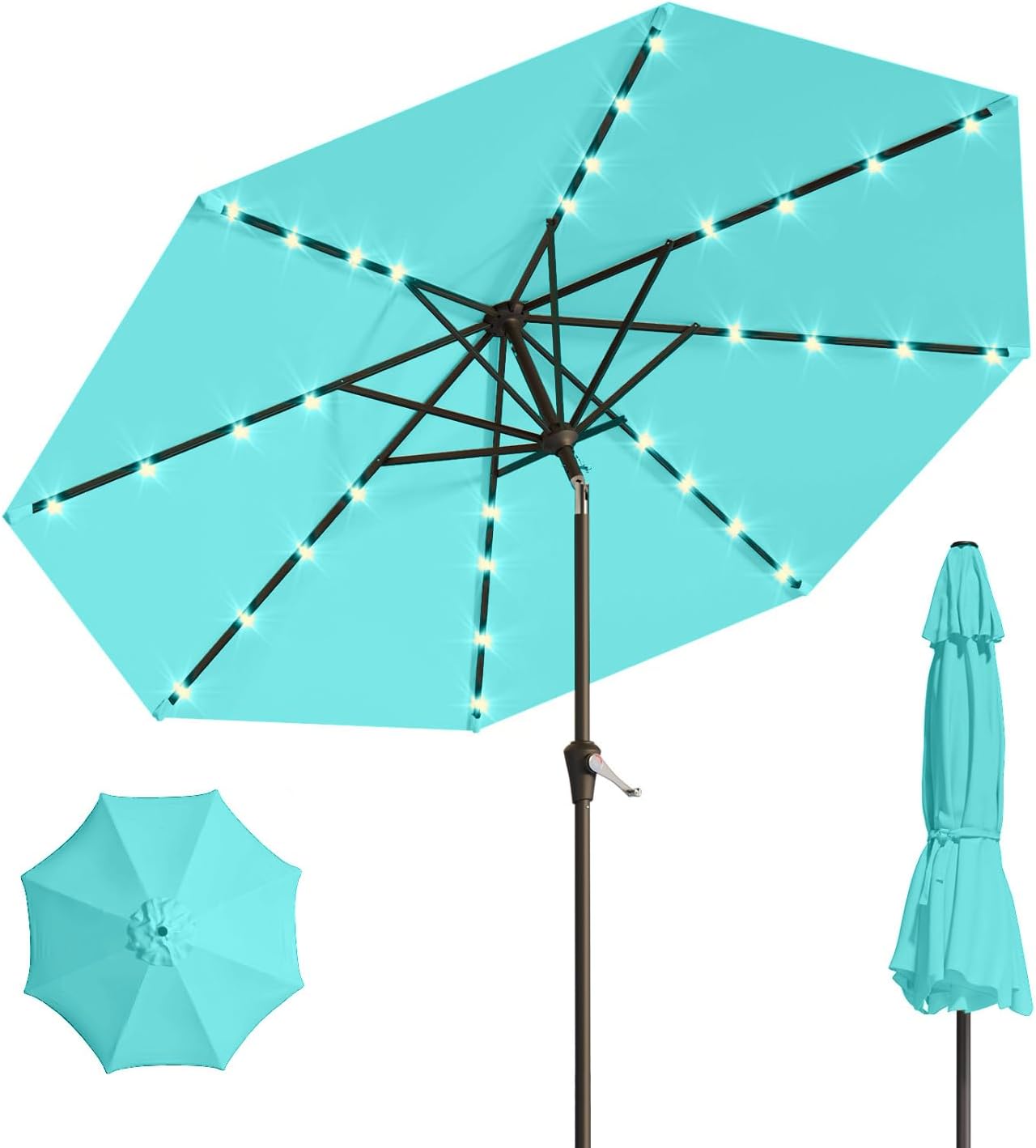 10FT Solar Umbrella 32 LED Lighted Patio Umbrella Table Market Umbrella w/Tilt and Crank, UV-Resistant Outdoor Umbrella for Pool, Garden, Deck, Aqua Blue