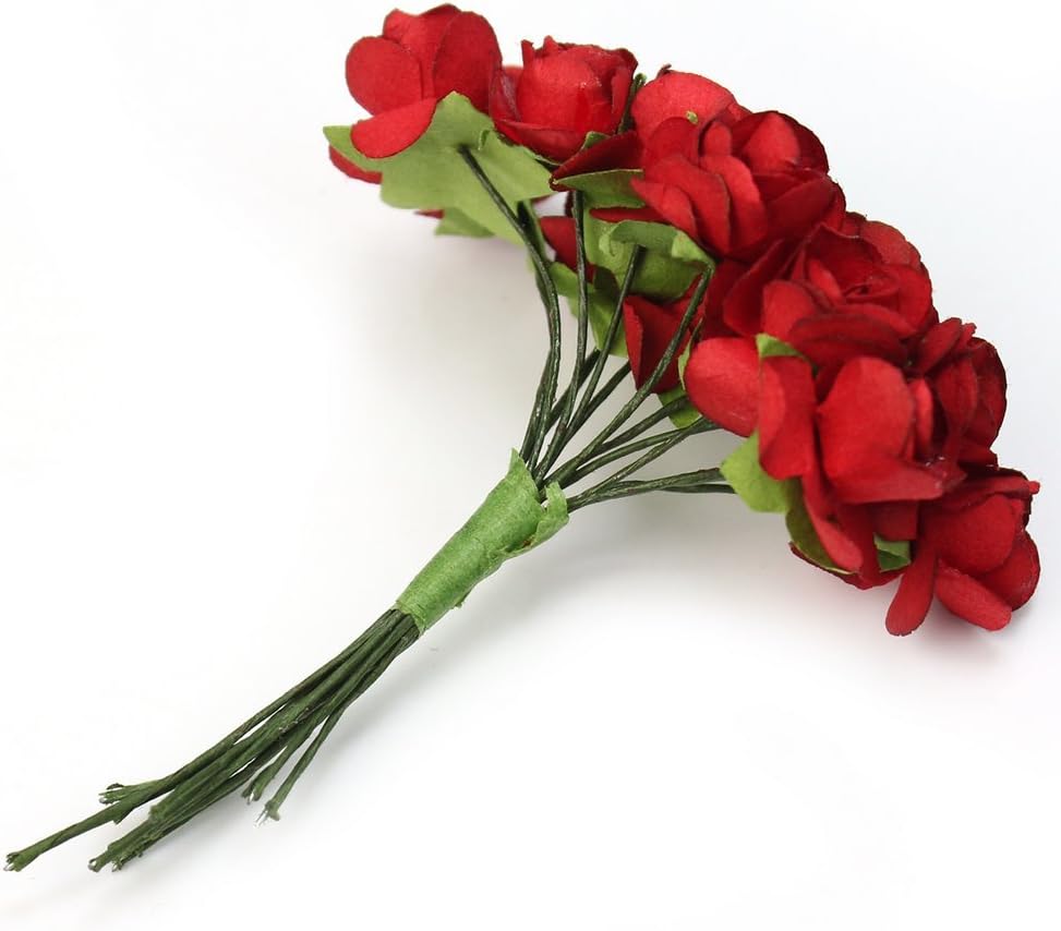 Mini Fake Rose Flower Heads 144pcs Mini Artificial Mulberry Paper Roses Flower with Wire Stem DIY Wedding Flowers Accessories Make Bridal Hair Clips Headbands Dress (Red)