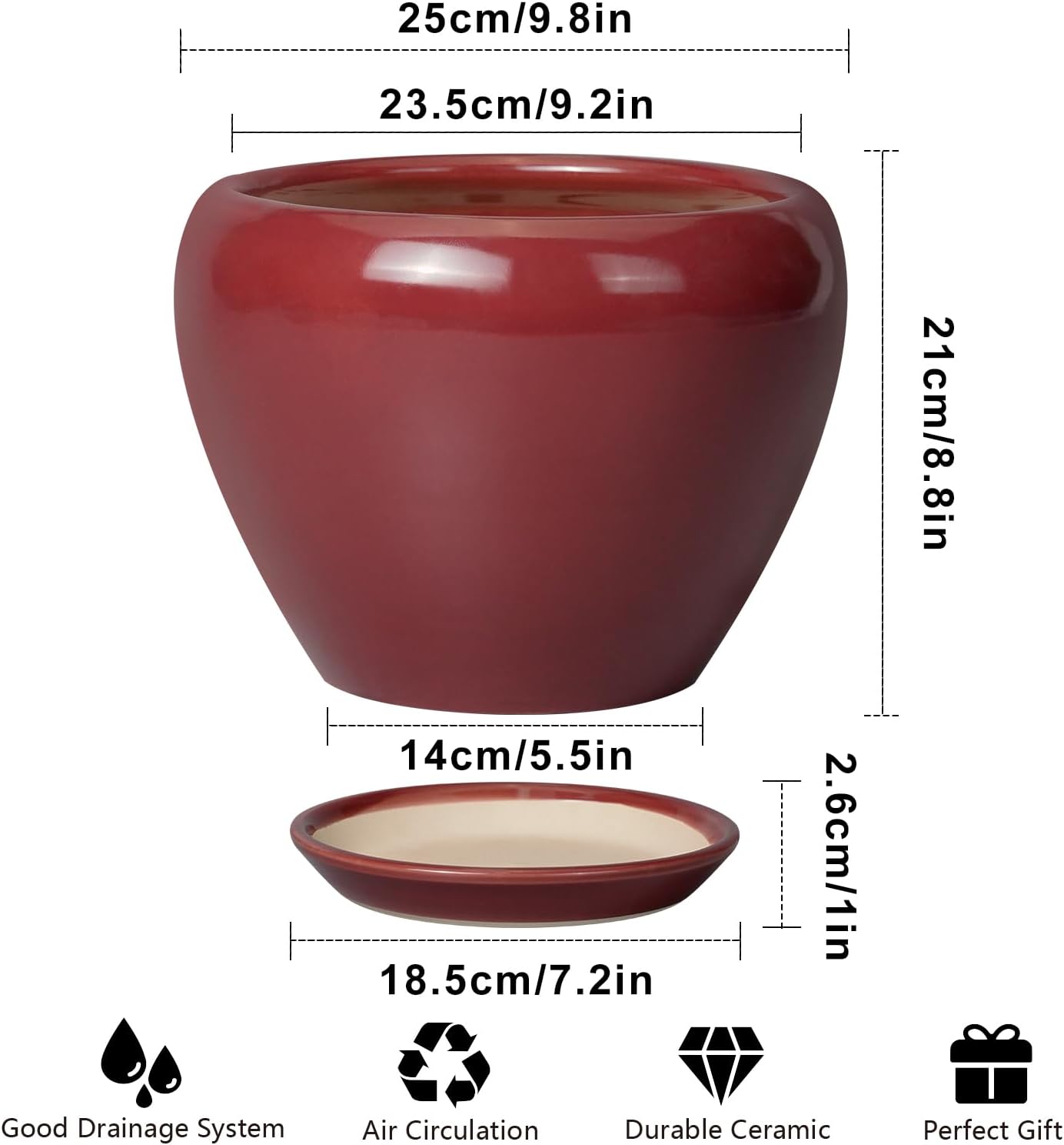 10 Inch Plant Pot - Ceramic Planter Pot with Drainage Hole and Saucer Large Planter for Indoor Plants Round Outdoor Flower Pot Mid-Century Decor Red