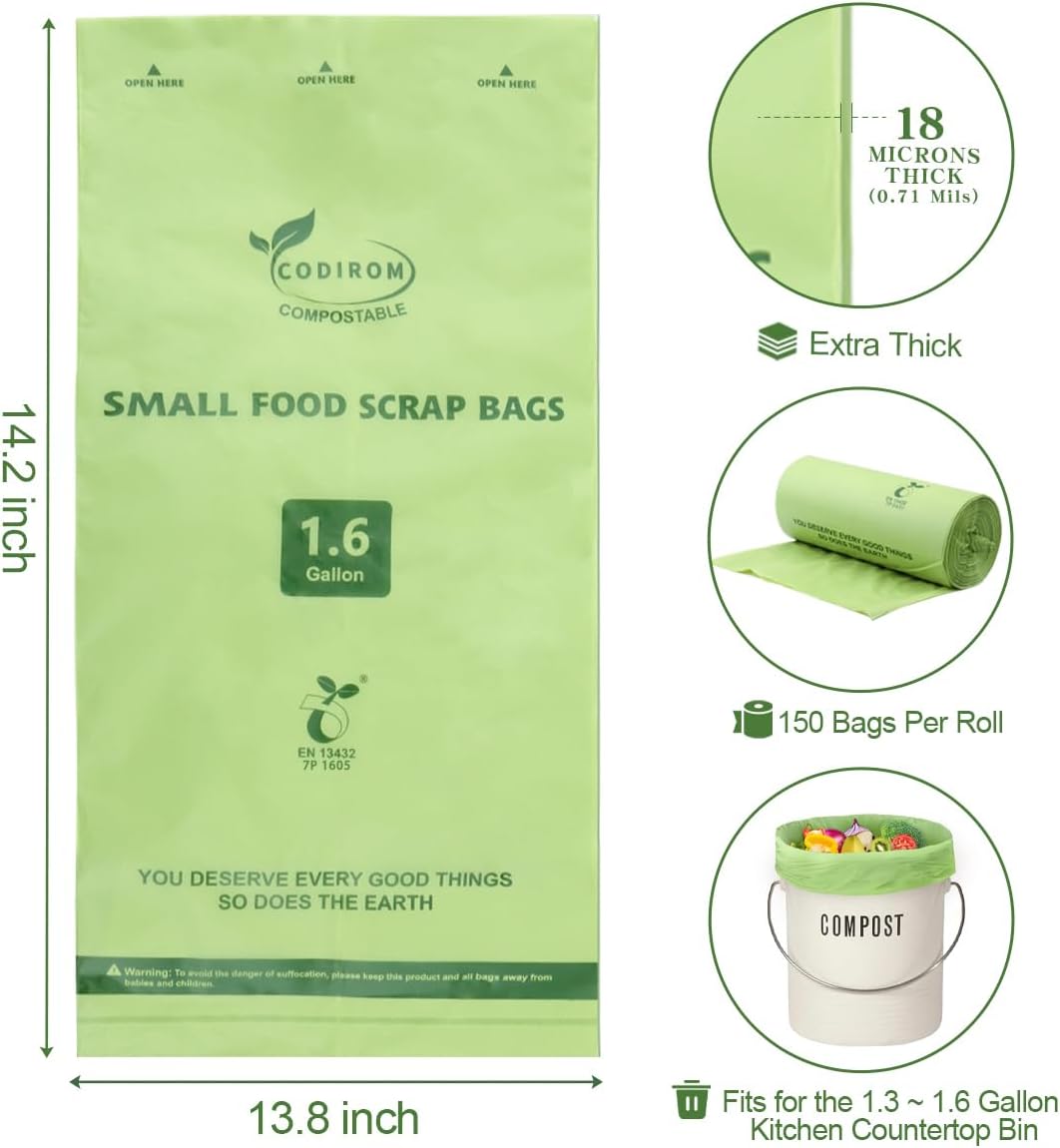 100% Compostable 1.6 Gallon Trash Bags, 6 Liter, 150 Count Kitchen Food Scrap Small Compost Bags for Countertop Bin with Europe EN13432 Certified